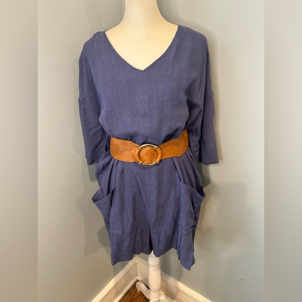 Blue Linen V-Neck Romper